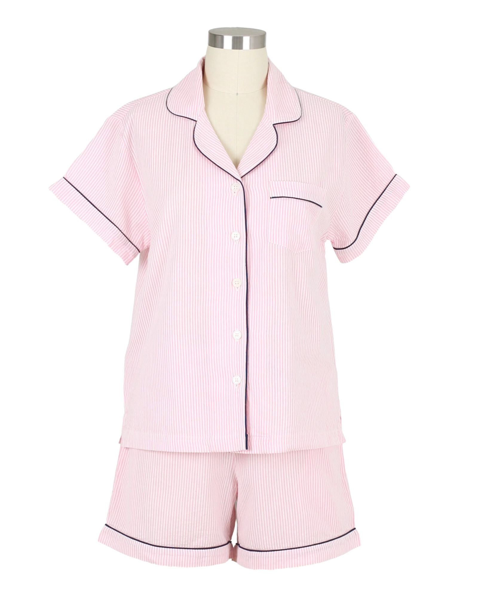 Needham Lane Pink Seersucker Navy Short Sleeve Shorty Pajamas