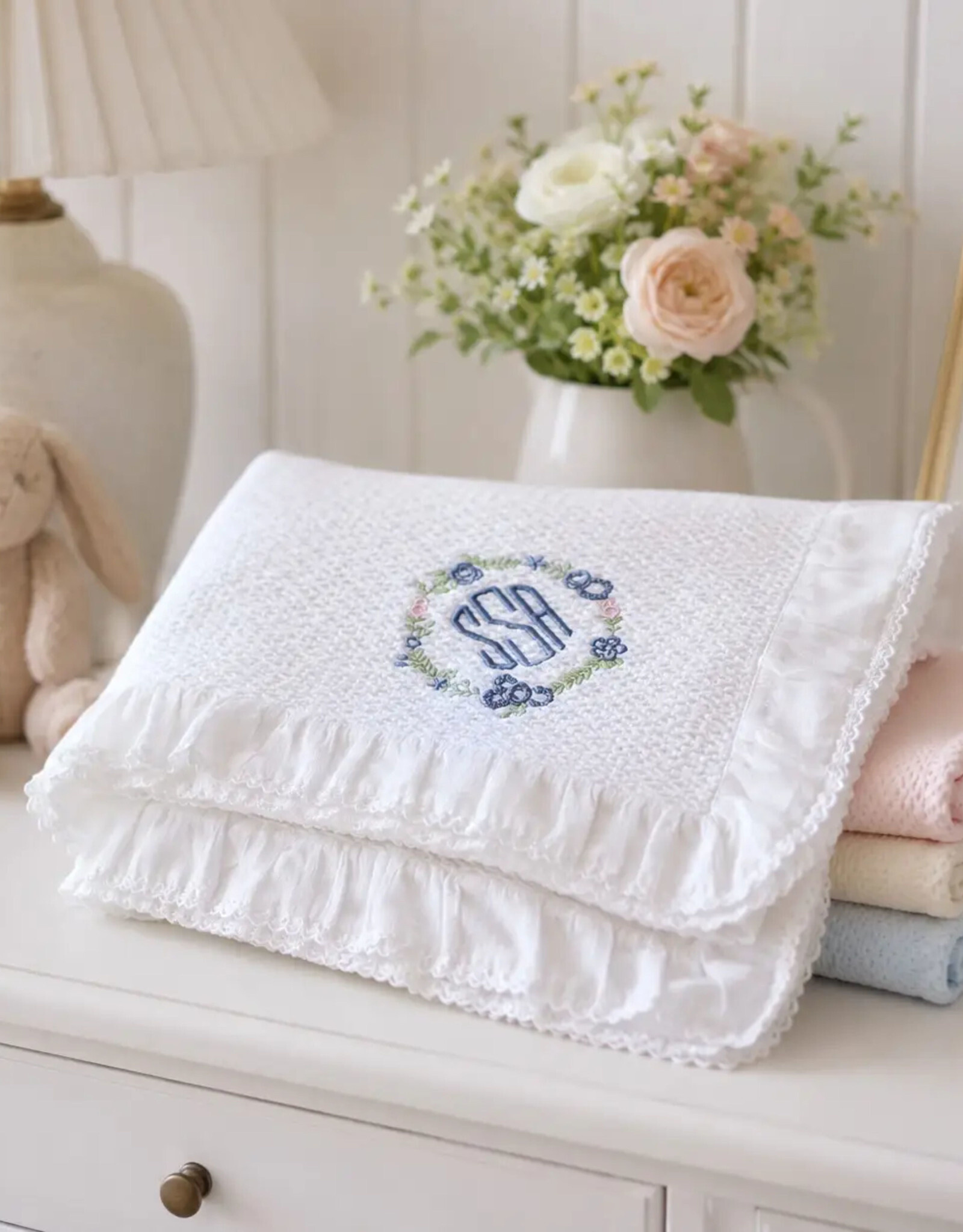 A Soft Idea White Stonewashed Puckered Blanket with Dotted Swiss Ruffle