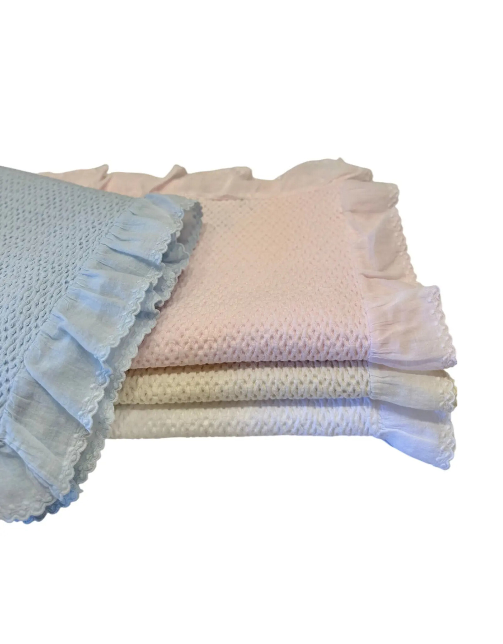 A Soft Idea White Stonewashed Puckered Blanket with Dotted Swiss Ruffle