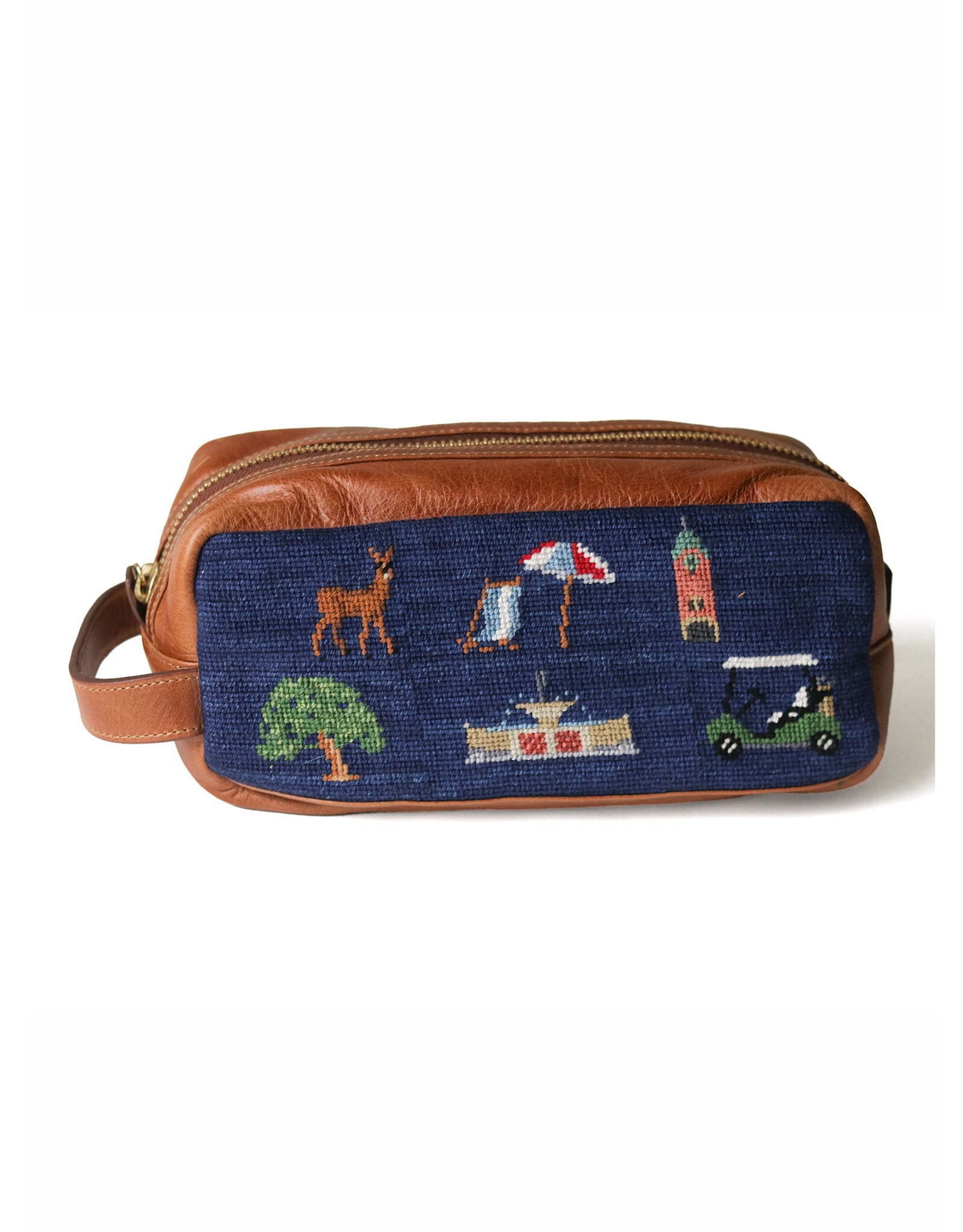 Smather's & Branson Lake Forest Life Needlepoint Leather Toiletry Bag
