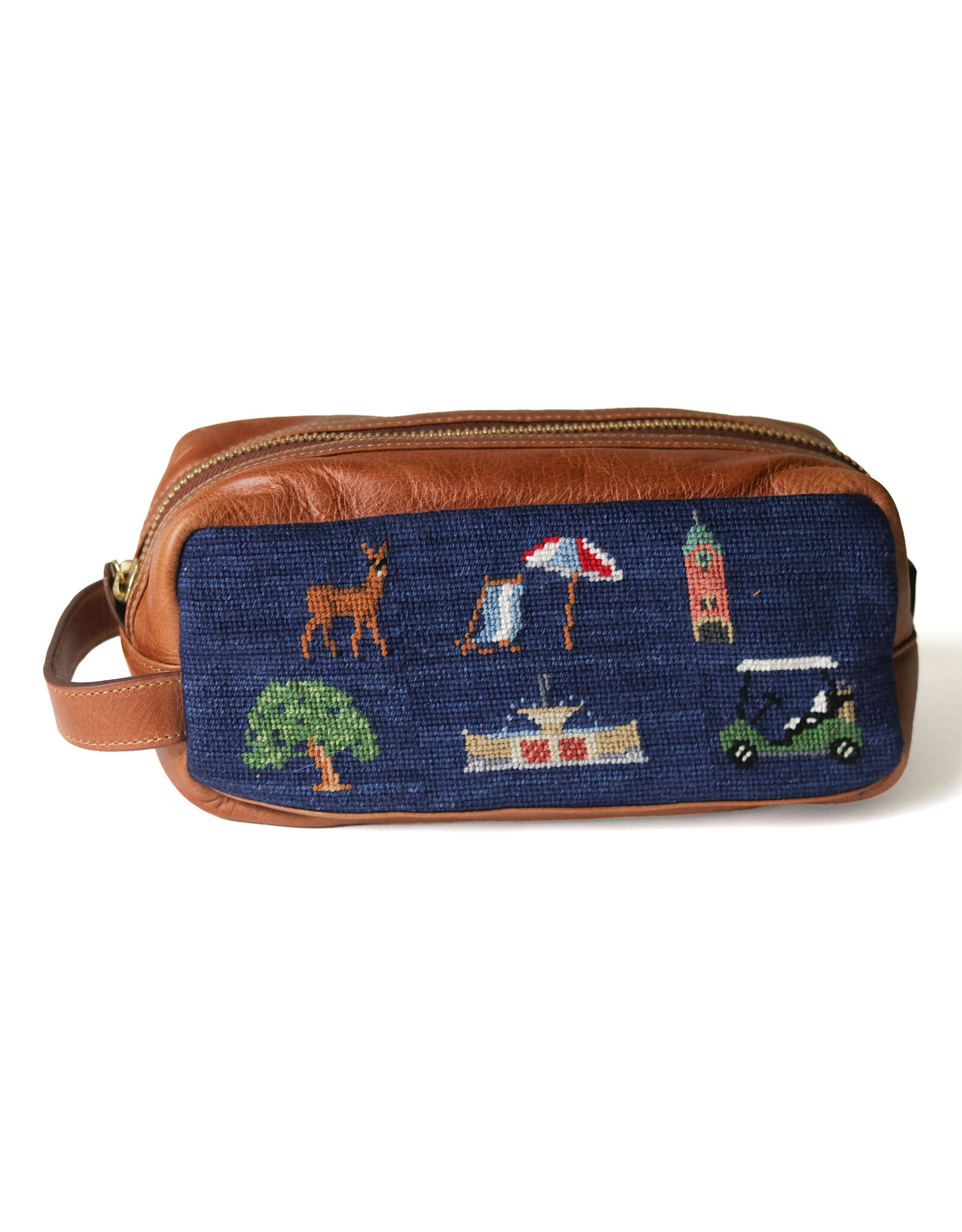 Smather's & Branson Lake Forest Life Needlepoint Leather Toiletry Bag