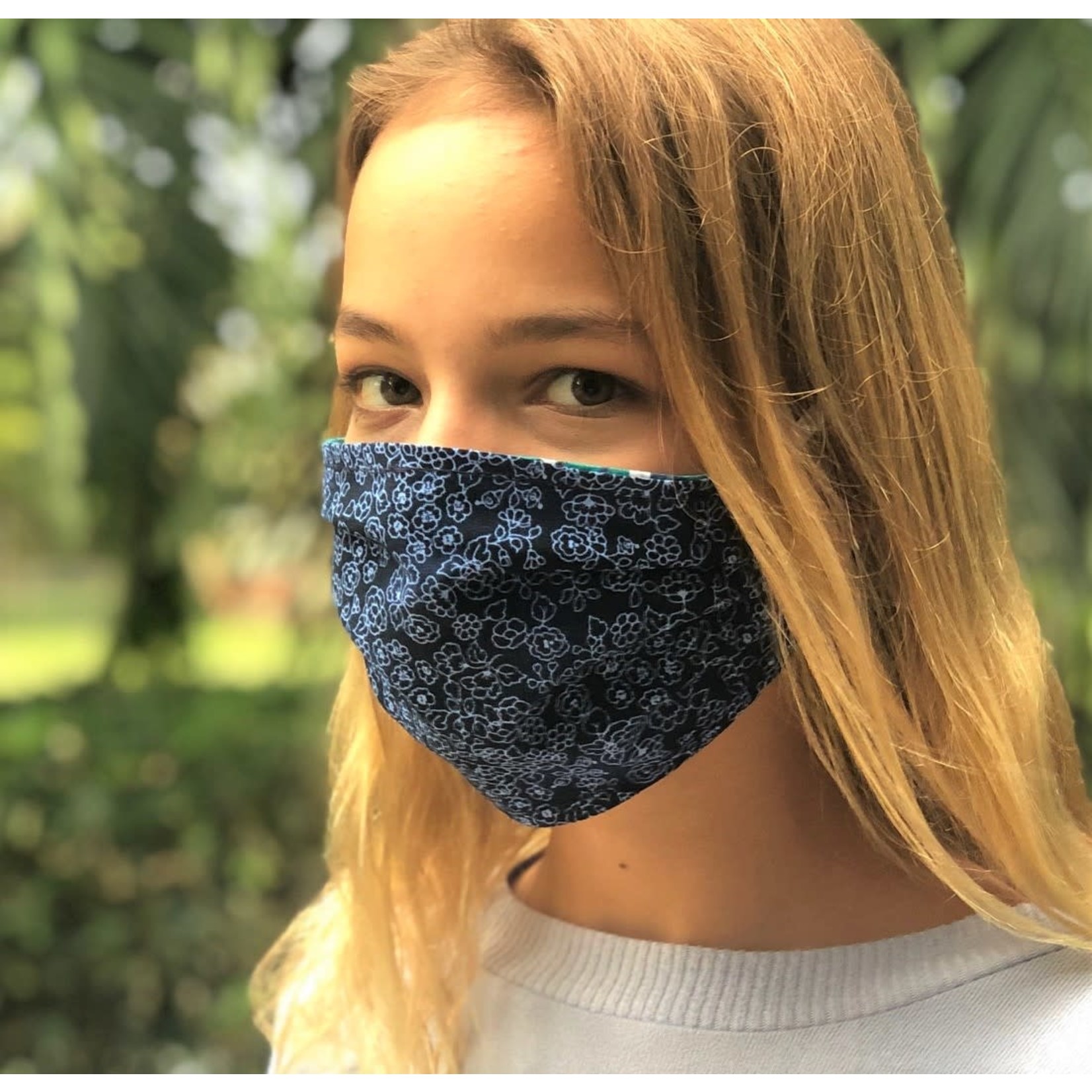 Face Cover - Reversible Green Star/Navy Floral - Adult Med