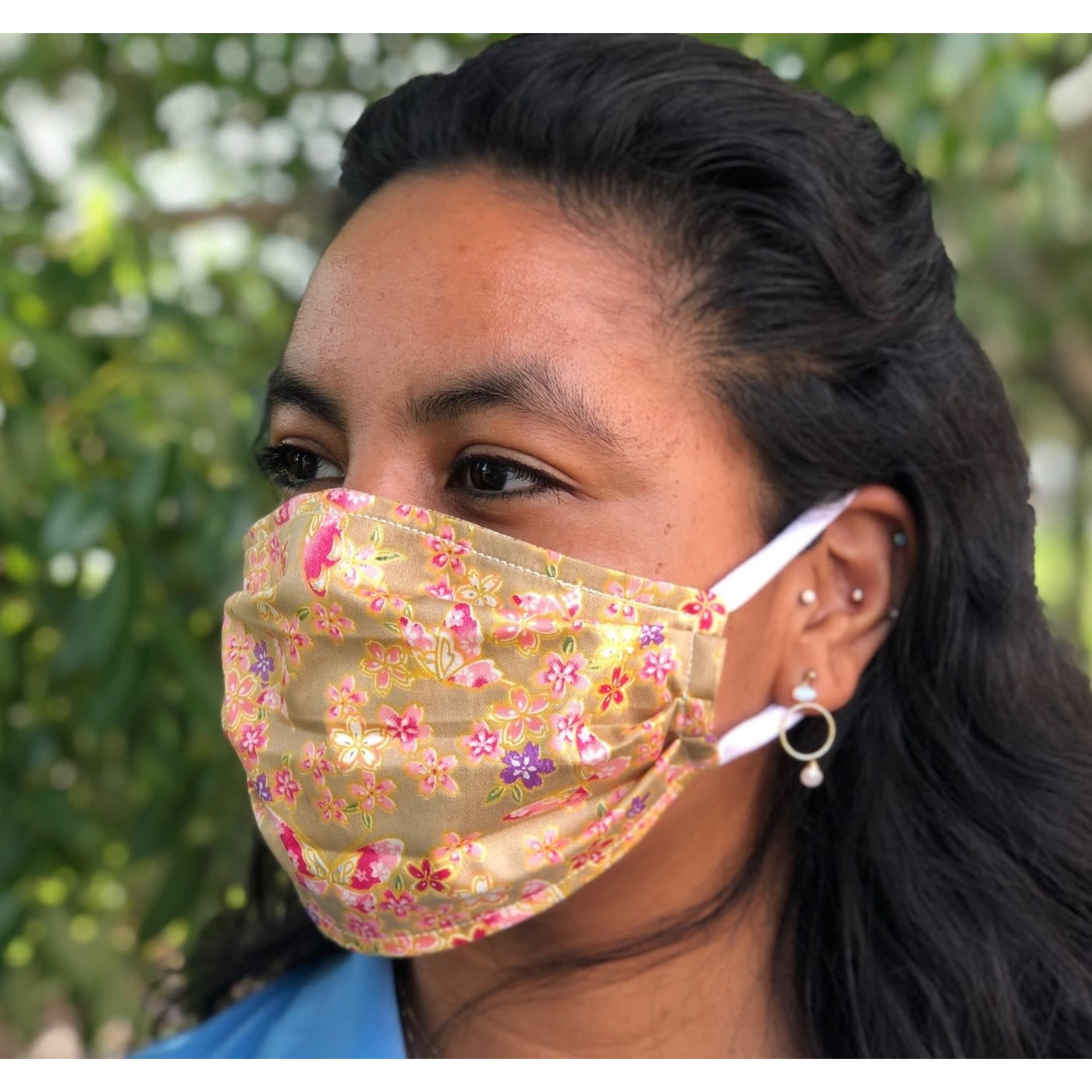 Face Cover - Reversible Beige Pink Floral/Circles - Adult Med