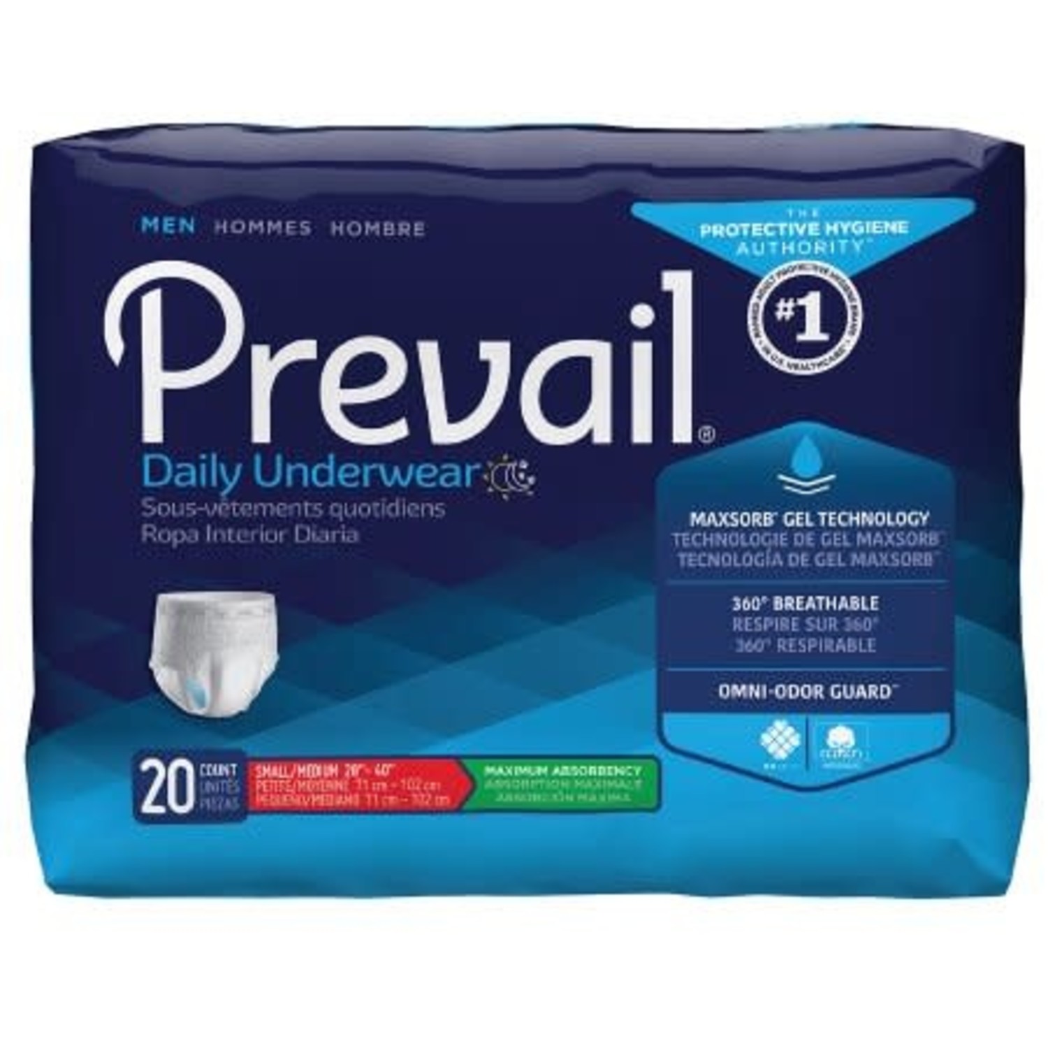 Prevail Med Prevail Disposable Incontinence Pull Up Underwear for Men,  Overnight Absorbency, Small/Medium, Waist Size 28 - 40, 72 Count