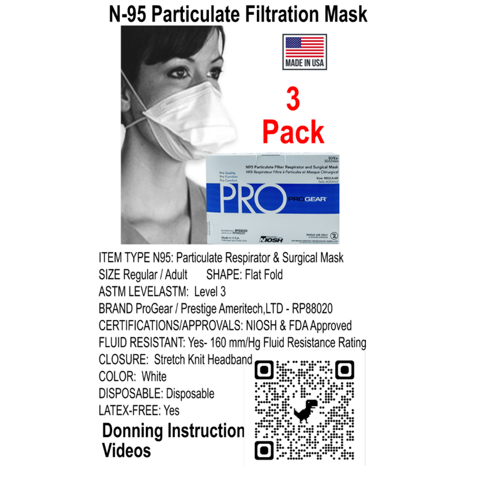 N95 Particulate Respirator (3 Pack) / Mask ProGear® Medical N95