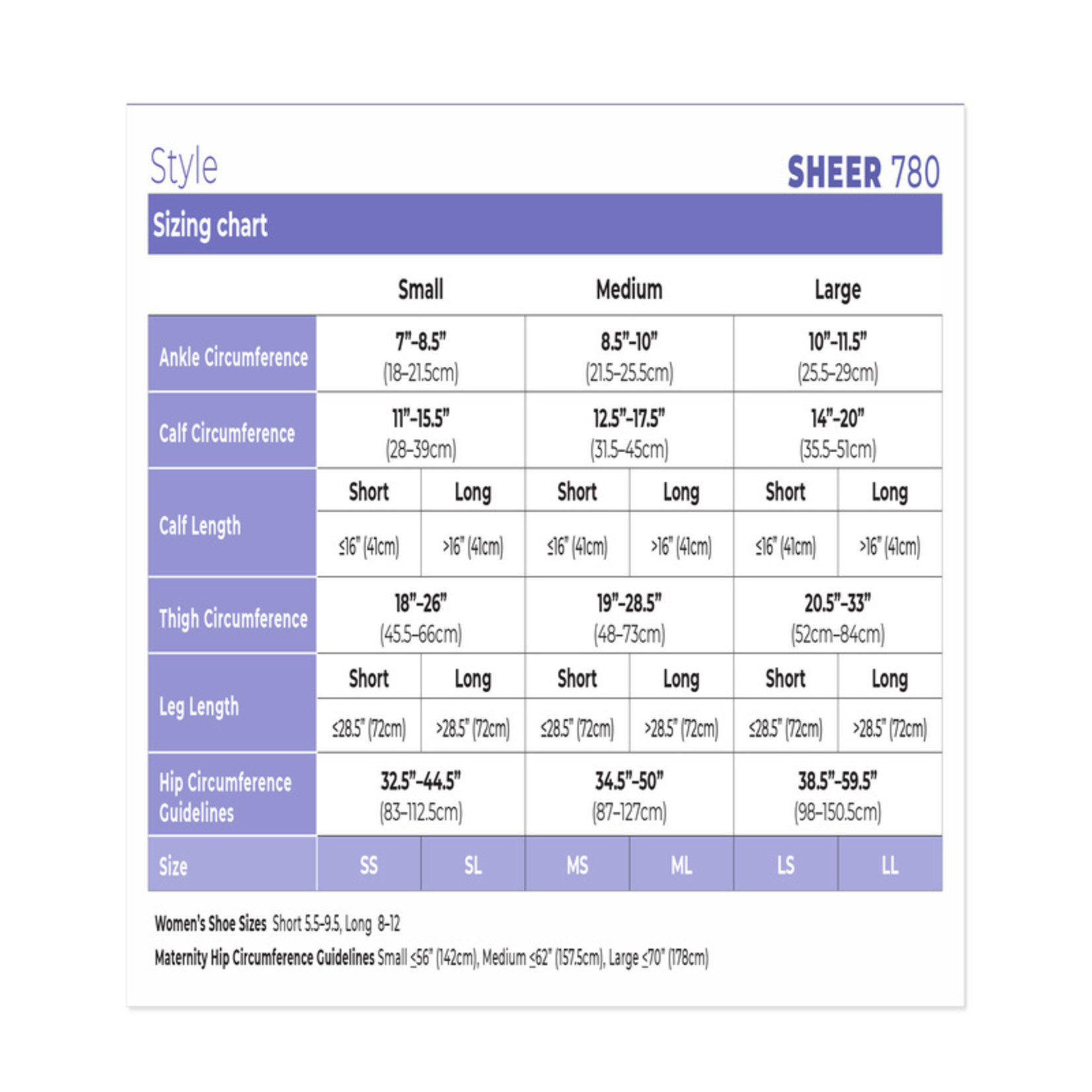 Women's Style Sheer Calf 15-20 mmHg Size Chart