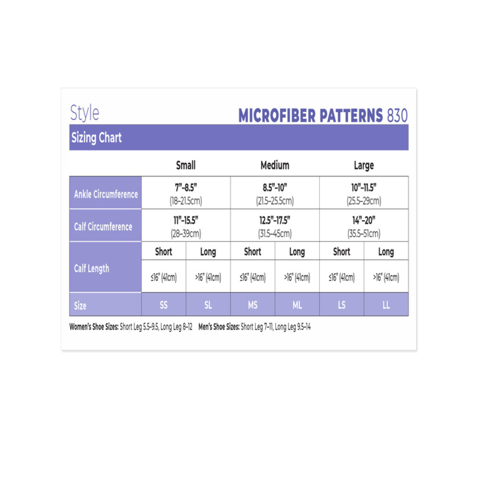 Women's Style Microfiber Patterns Calf 20-30 mmHg Size Chart