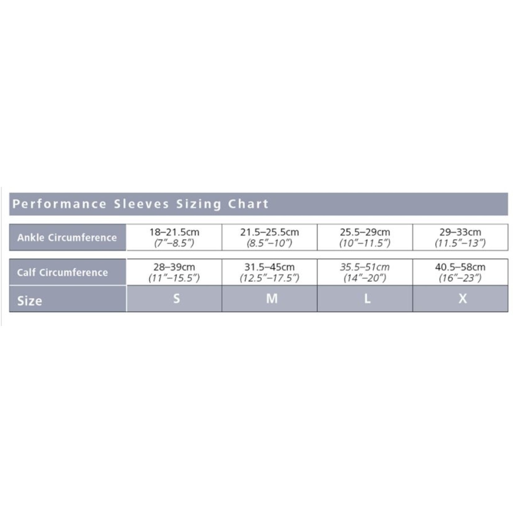 Performance Sleeves Calf Size Chart