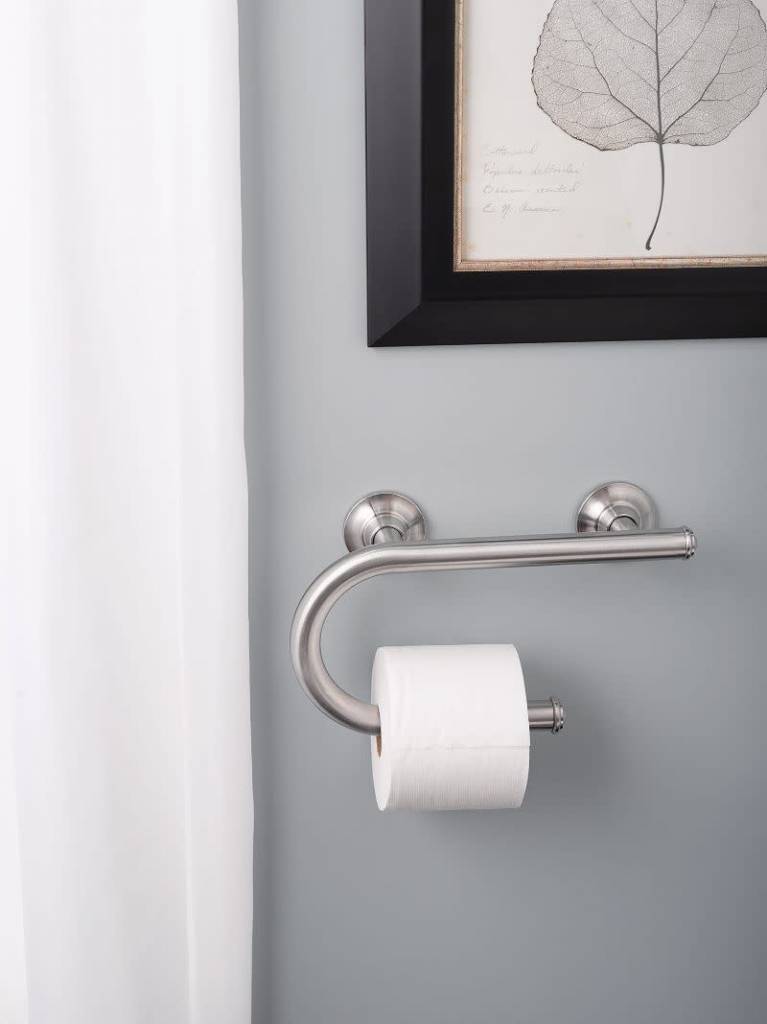 AquaChase Grab Bar With Integrated Toilet Paper Holder For 2 Mega Rolls (Kitchen Paper Towel Holder Or Bathroom Towel Bar), 16in Stud Mount, 250lbs...