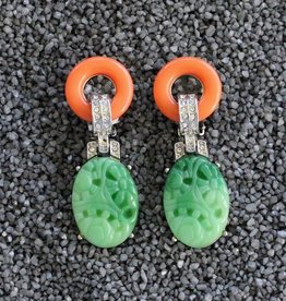 Jewelry KJLane: Carved Green Jade Art Deco Coral Top PIERCED