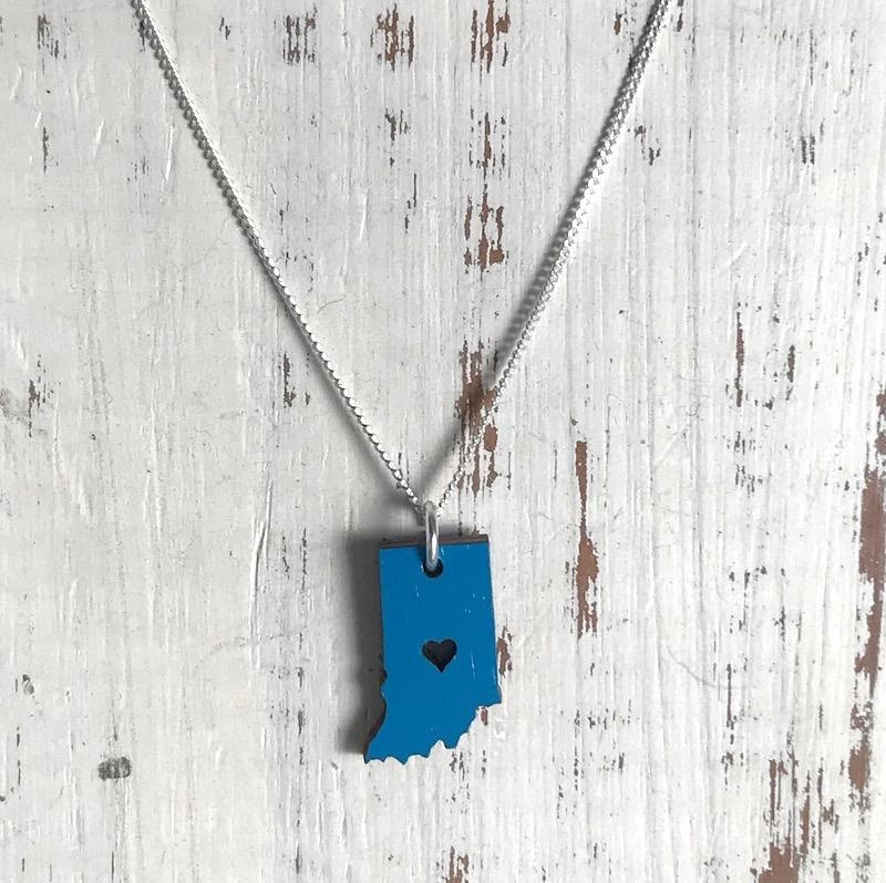 Handmade Indiana Blue Lasercut Wood Pendant On 18 In Sterling - Laser Cut Wooden Pendants Handmade Indiana Blue Lasercut Wood Pendant On 18 In Sterling - Laser Cut Wooden Pendants