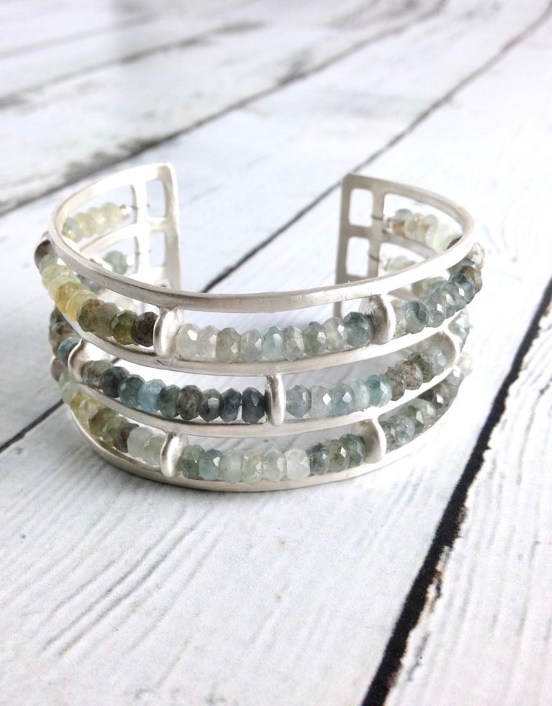 Handmade Matte Sterling Silver Wide Cuff Bracelet With 3 Rows Of Moss Aquamarine By Julia Britell Designs Handmade Matte Sterling Silver Wide Cuff Bracelet With 3 Rows Of Moss Aquamarine By Julia Britell Designs