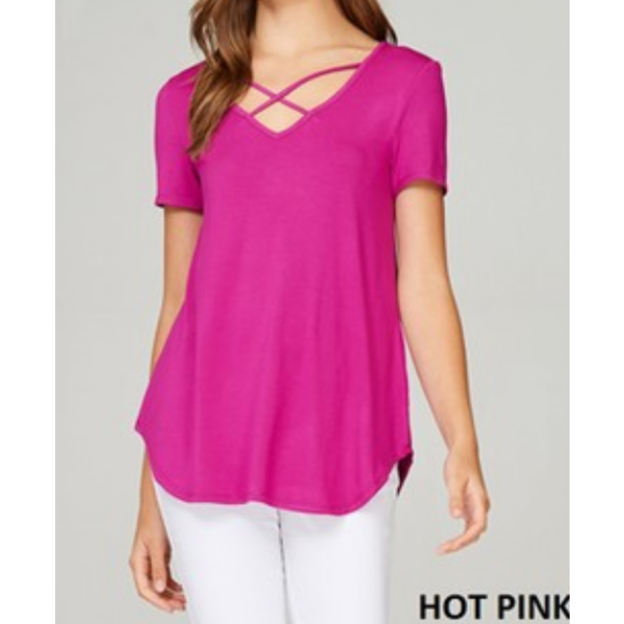 Hot Pink Criss Cross Short Sleeve Top - 