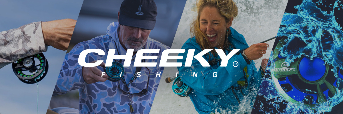 Cheeky Fishing branded logo over images of people fishing with their gear