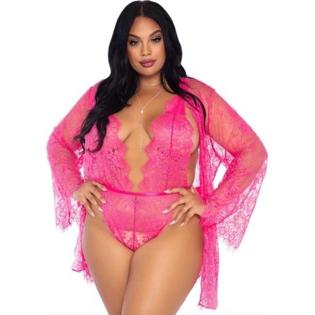 3 Piece Floral Lace Teddy with Robe 86112X, Hot Pink