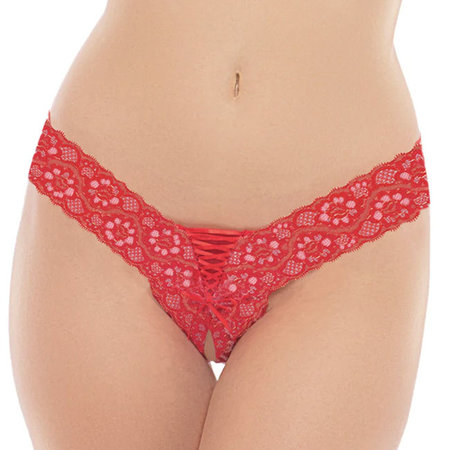 Indulgence Lace Up Crotchless Thong 1158, Red