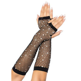 Rhinestone Fishnet Arm Warmers 2037, Black