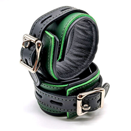 Narrow Leather Cuffs, Locking Buckle, Green/Black