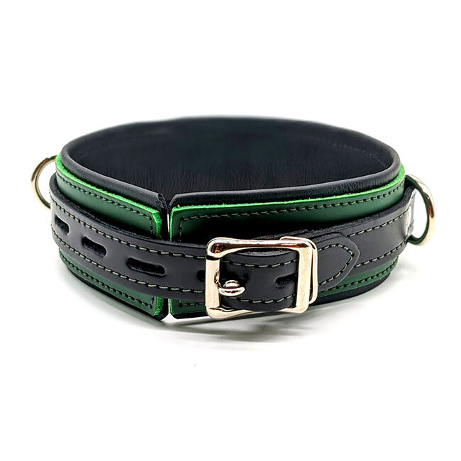 Leather Collar with Locking Buckle, Green/Black