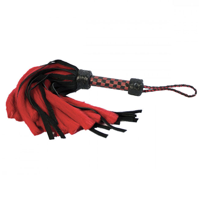 Suede and Fluff Mini Flogger, Black/Red - The Tool Shed: An Erotic Boutique