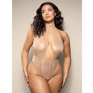 Opulence Foiled Mesh Crotchless Pearl Teddy 2432, Beige
