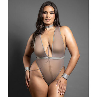 Domina Plunge Teddy w/ Chain-Link Choker & Detachable Cuffs Gray 2529