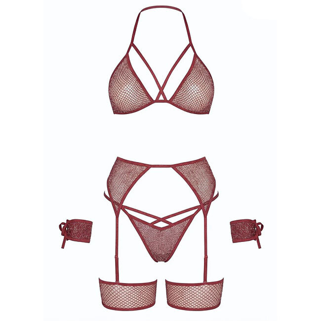 All Tied Up Shimmer Bra and Panty Set 89362, Burgundy