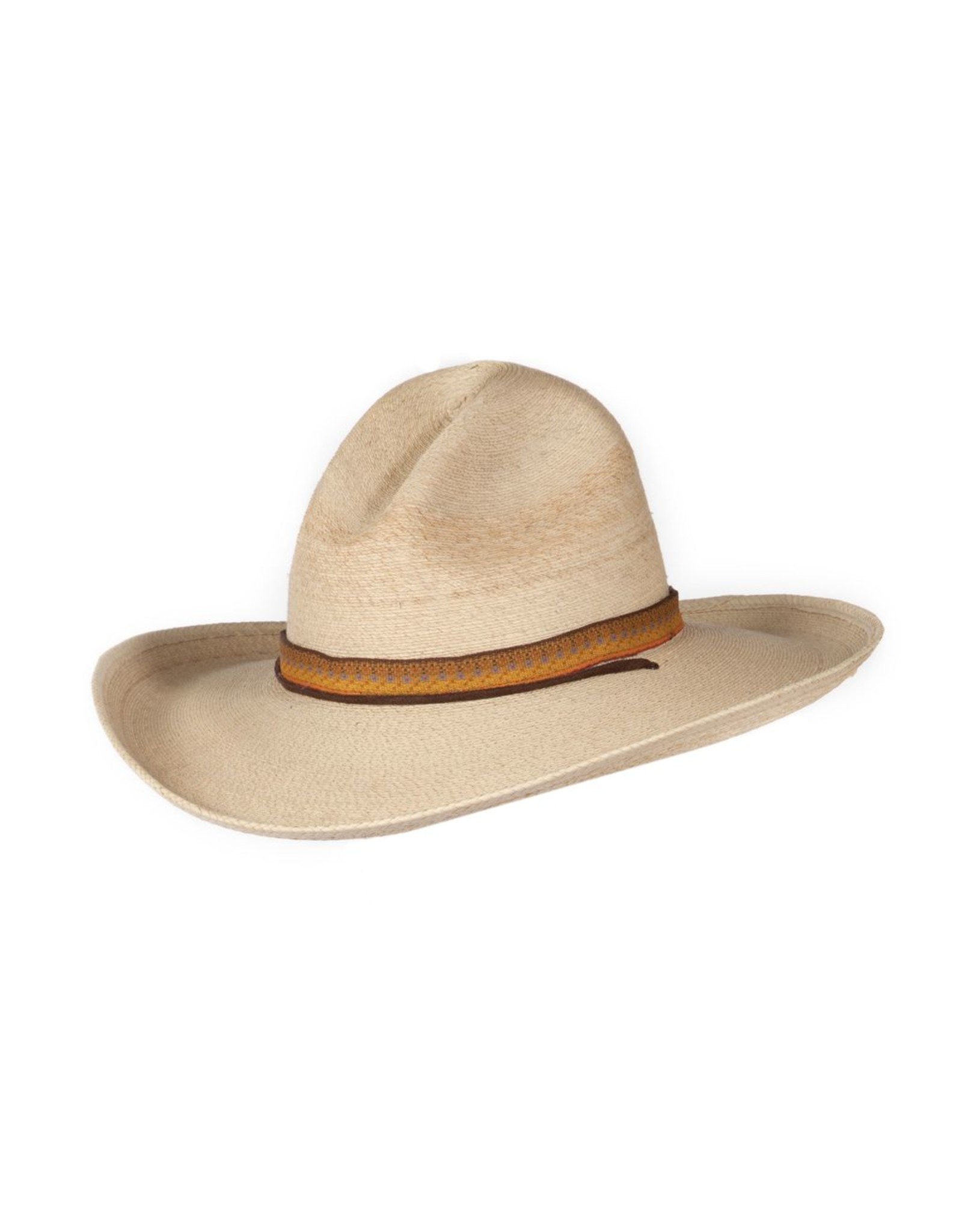 THE SWEEPING ROUND CURVED BRIM AND THE PINCHED CROWN OF A COWBOY HAT