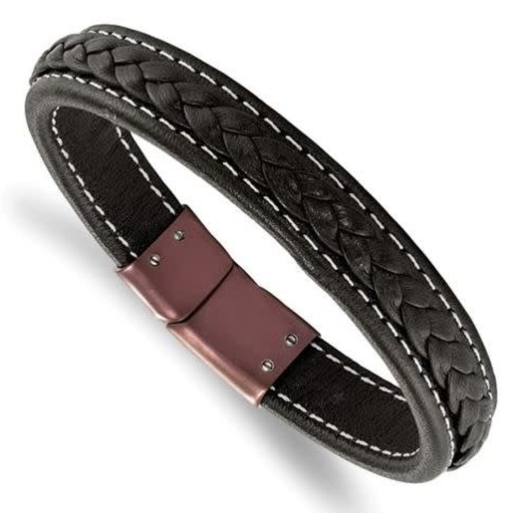 American Jewelry Gents Bracelet Stainless Steel Black IP-Plated Genuine Brown Leather