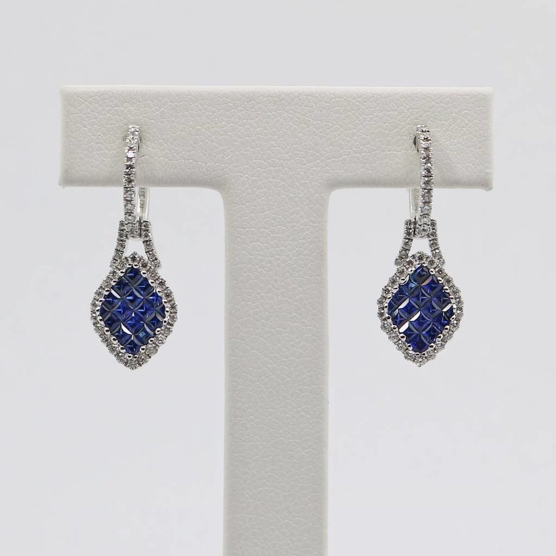 American Jewelry 18k White Gold .98ct Princess Cut Blue Sapphire & .66ctw Diamond Dangle Earrings