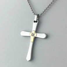 American Jewelry Chisel Stainless Steel/14k Yellow Gold Diamond Accent Cross Pendant Necklace