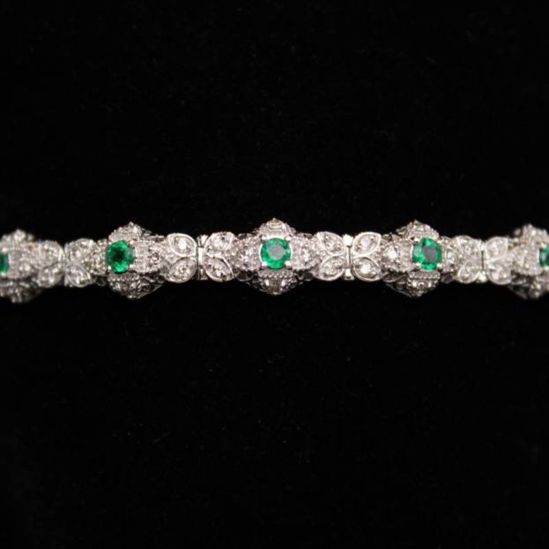 American Jewelry 14k White Gold 1.49ctw Round Emerald & 1.52ctw Diamond 7" Ladies Bracelet