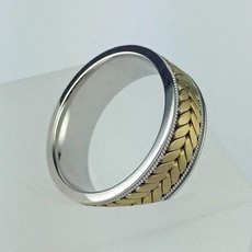 American Jewelry 14k Two-Tone Yellow/White Gold Men's 7.65mm Braid Inlay Flat Edge Wedding Band Ring (Size 10)