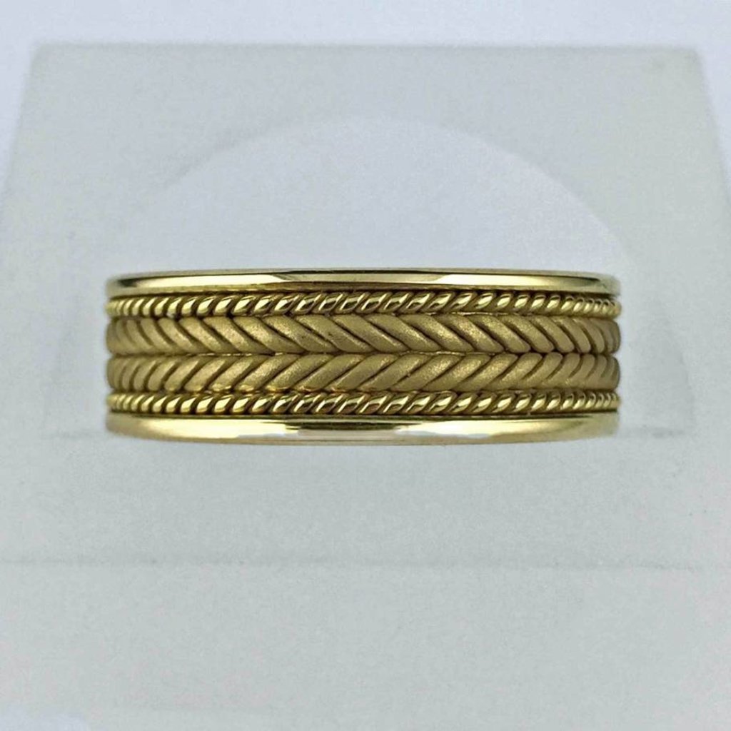 American Jewelry 14k Yellow Gold Men's 6.8mm Fishtail Braid & Cable Wedding Band