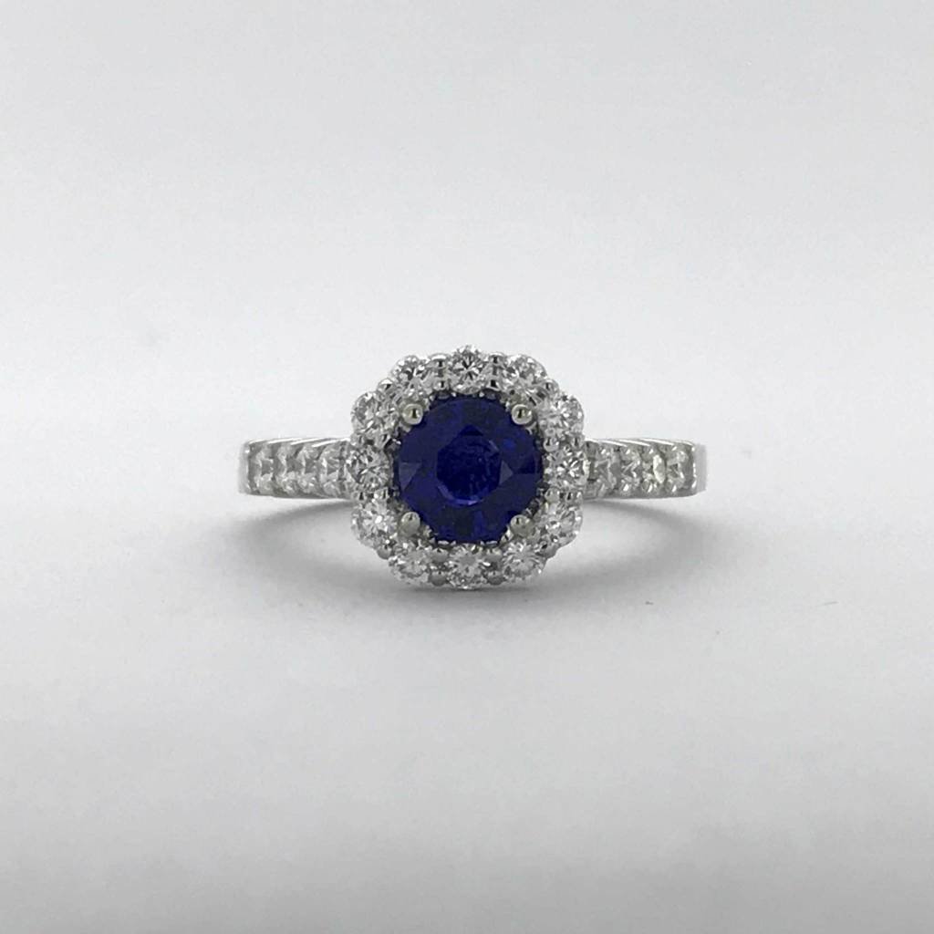 American Jewelry 14k White Gold .85ctw Diamond .98ct Sapphire Halo Ring (Size 6.5)