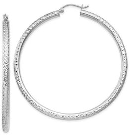 14k White Gold Tube Hoop Diamond Cut Earrings (50mm) Lightweight