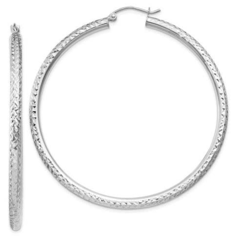 14k White Gold Tube Hoop Diamond Cut Earrings (50mm) Lightweight