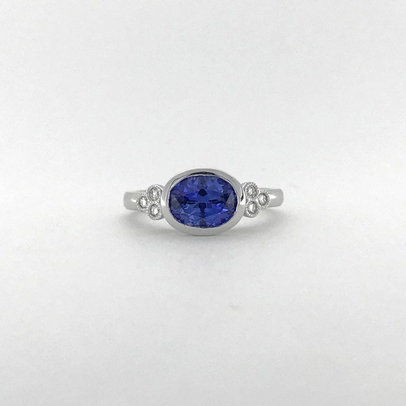 American Jewelry 14k White Gold 1.68ct Ceylon Oval Sapphire .08ctw Diamond Bezel Engagement Ring