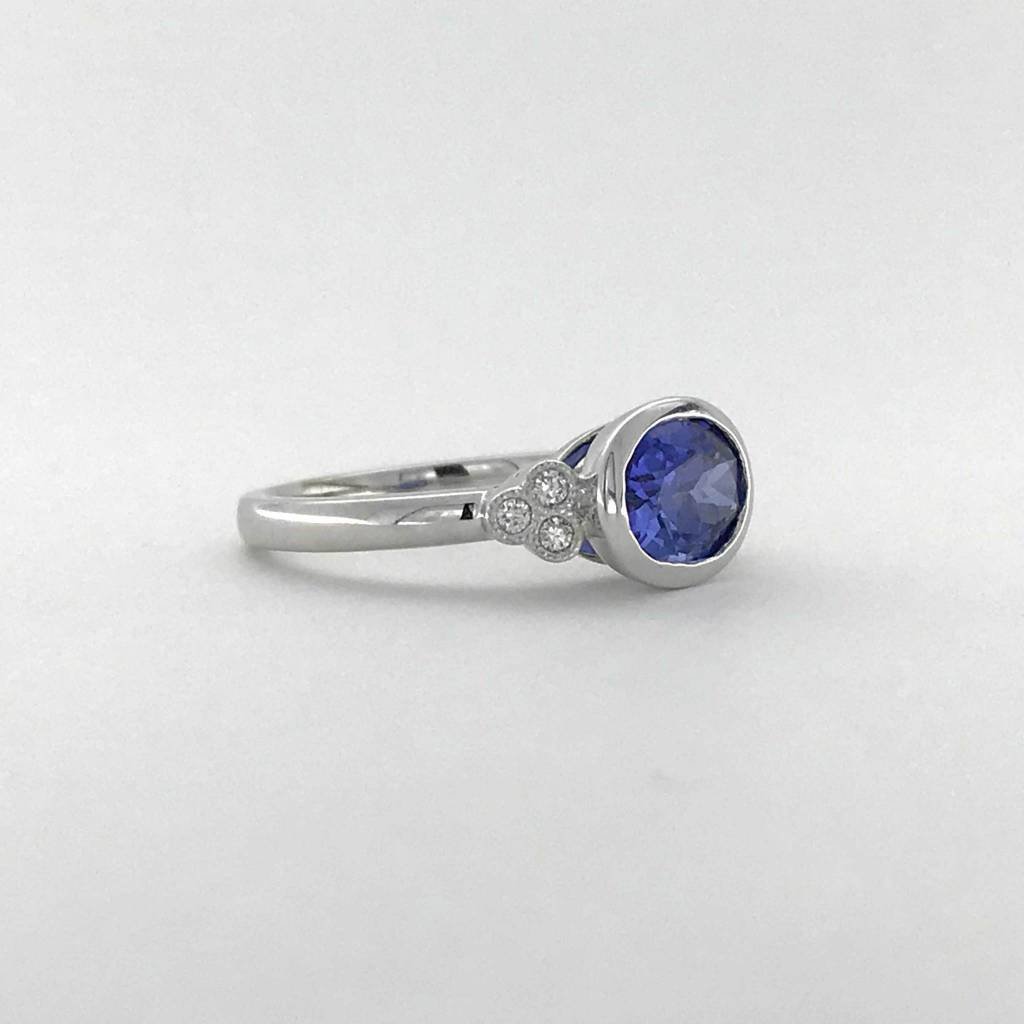 American Jewelry 14k White Gold 1.68ct Ceylon Oval Sapphire .08ctw Diamond Bezel Engagement Ring