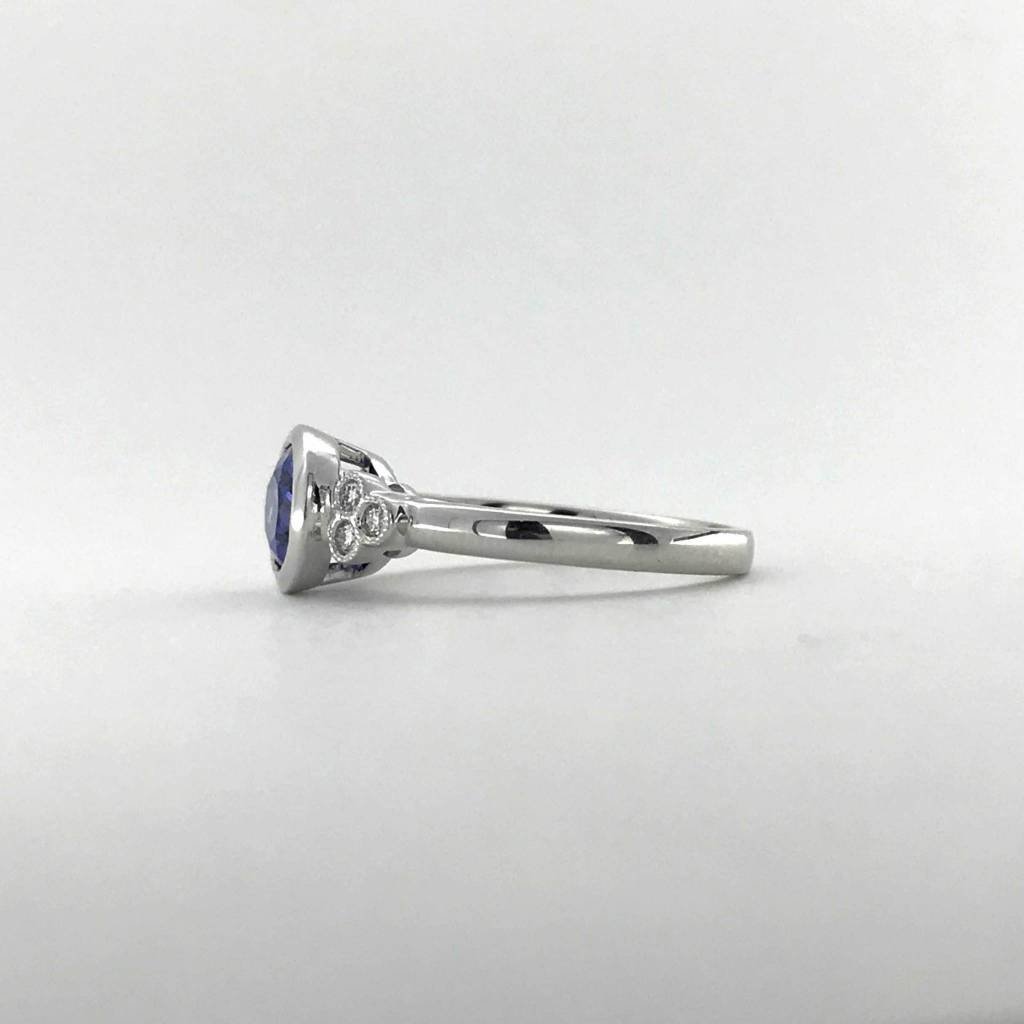 American Jewelry 14k White Gold 1.68ct Ceylon Oval Sapphire .08ctw Diamond Bezel Engagement Ring