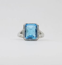 American Jewelry 14k White Gold 4.88ct Emerald Cut Blue Topaz & .20ctw Diamond Halo Ladies Ring (Size 7)