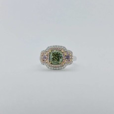 American Jewelry 18k White Gold 2.28ctw (1.62ct Fancy Green/VS2 Diamond | .66ctw Fancy Pink | .35ctw Round Brilliant) Diamond Halo Engagement Ring