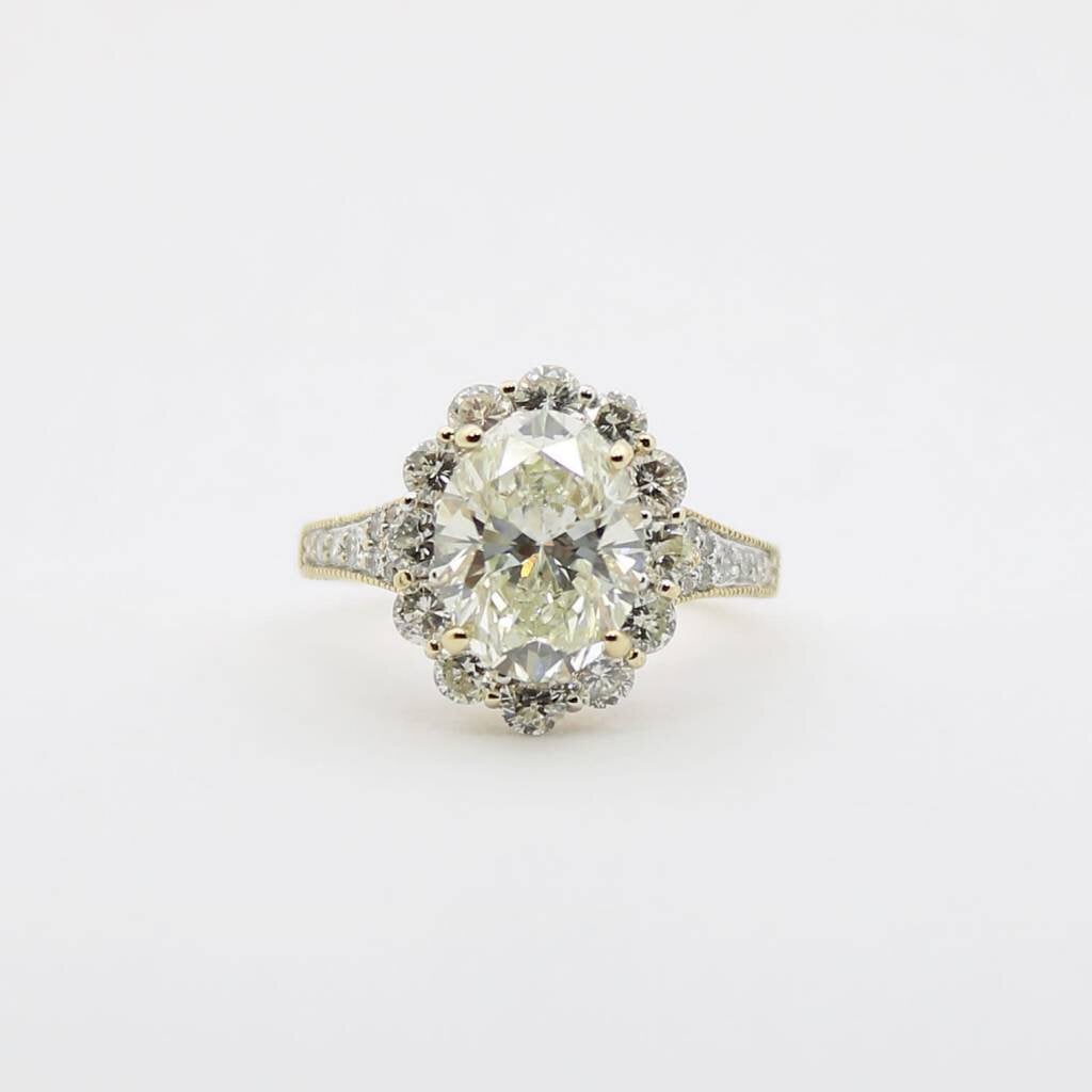 American Jewelry 14k Yellow Gold 4.03ct-Ctr J/VS2 GIA 1.74ctw-Mounting Oval & Round Brilliant Diamond Halo Engagement Ring