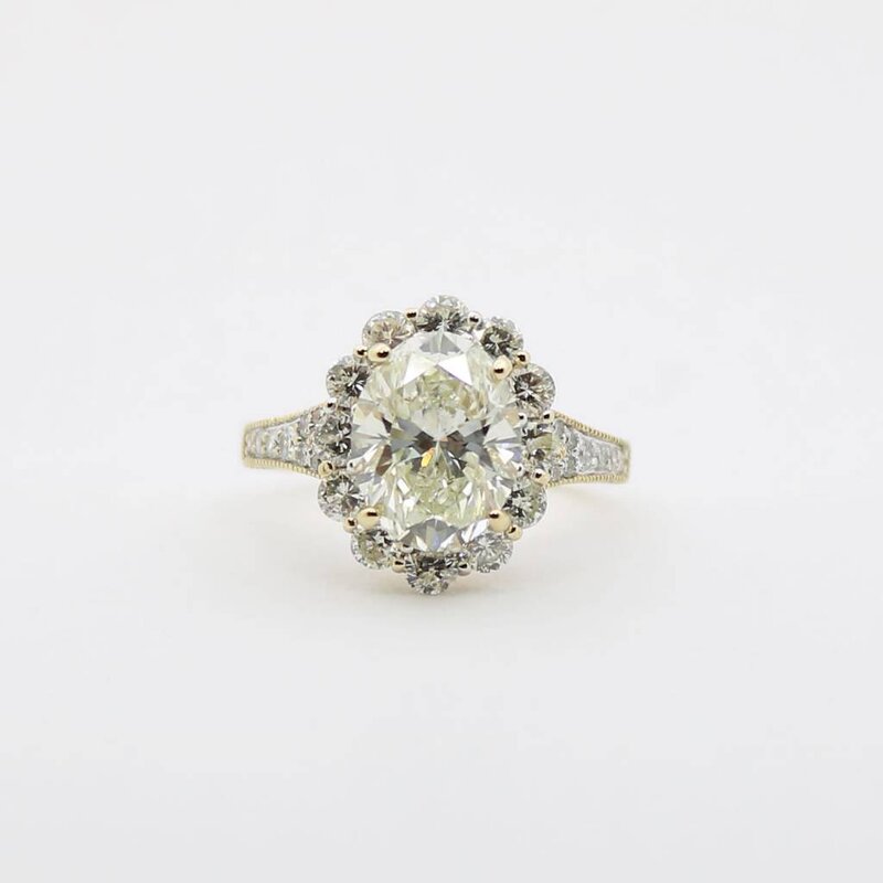 American Jewelry 14k Yellow Gold 4.03ct-Ctr J/VS2 GIA 1.74ctw-Mounting Oval & Round Brilliant Diamond Halo Engagement Ring