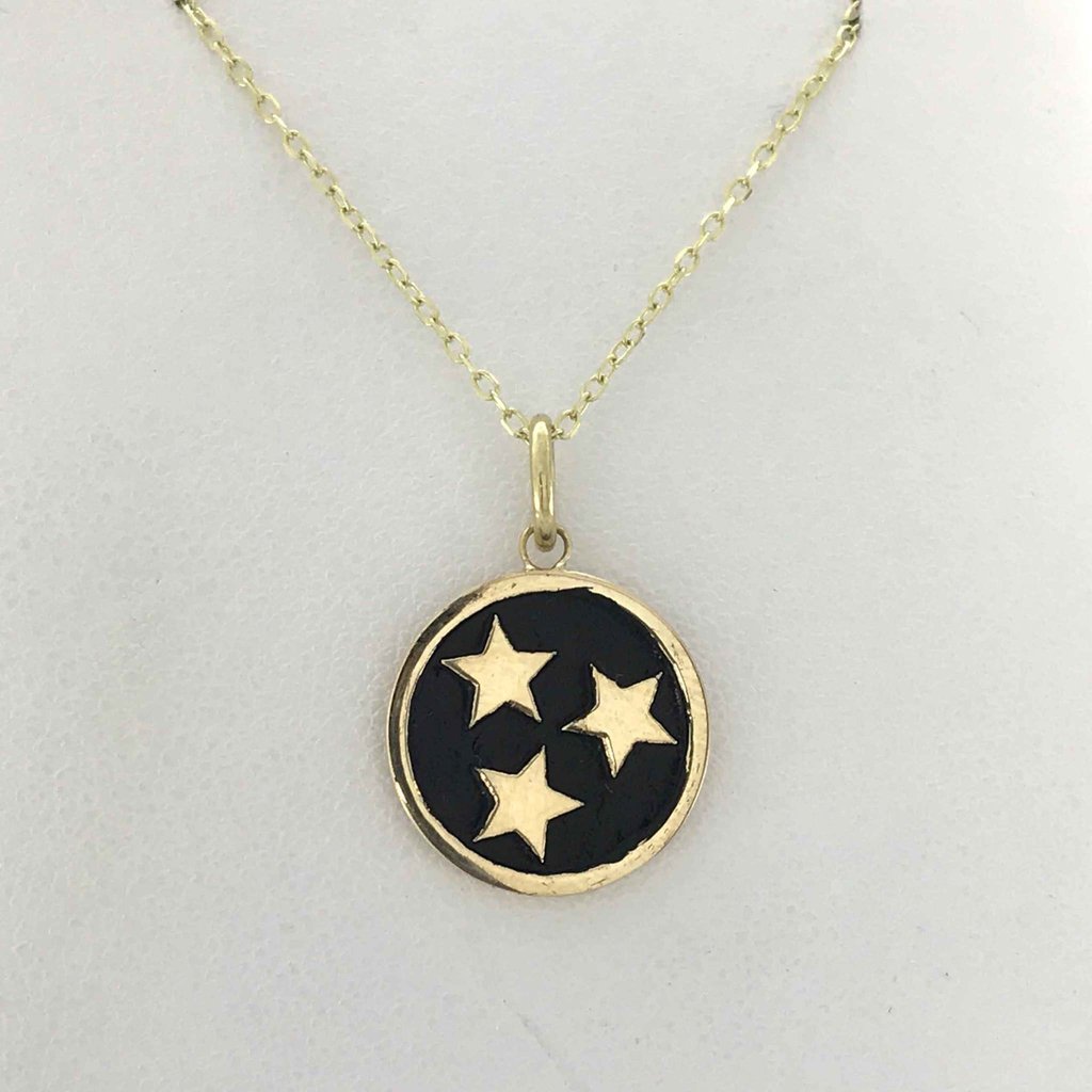 American Jewelry 14k Yellow Gold Tennessee Tri Star Black Enamel Disc Pendant Necklace (18" Cable Chain)