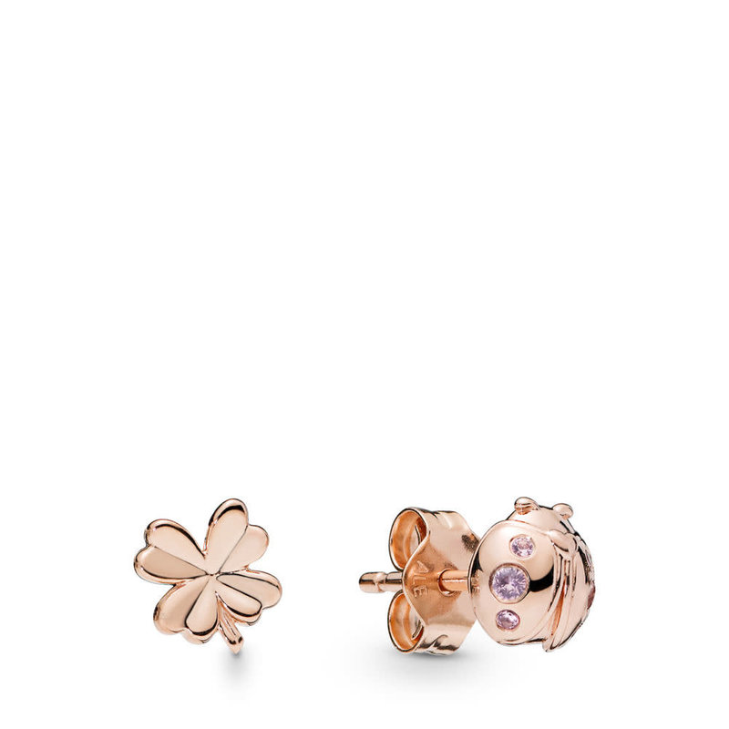 Pandora PANDORA Rose Stud Earrings, Four Leaf Clover & Ladybird, Pink Crystals