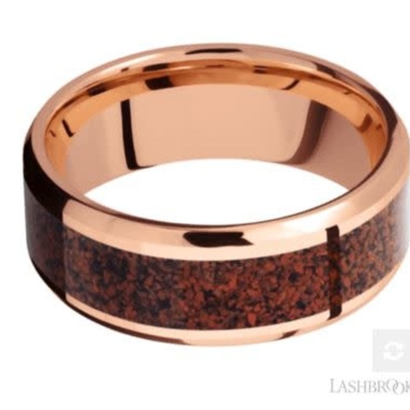 Lashbrook Lashbrook 14k Rose Gold 8mm Polish Beveled Edge Red Dino Bone Inlay Men's Wedding Band (size 10)