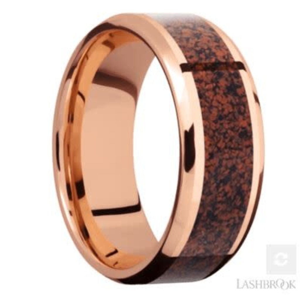 Lashbrook Lashbrook 14k Rose Gold 8mm Polish Beveled Edge Red Dino Bone Inlay Men's Wedding Band (size 10)