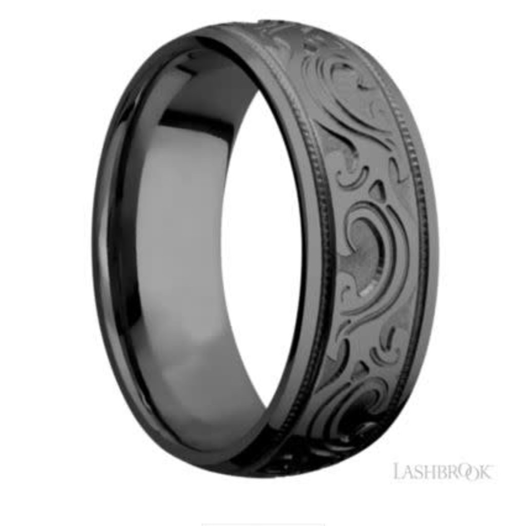 Lashbrook Lashbrook 8mm Polished Zirconium Scroll Design Pattern and Milgrain Step Edge Men's Wedding Band (Size 10)