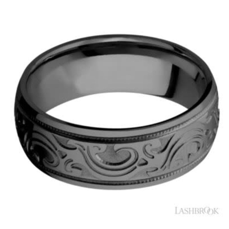 Lashbrook Lashbrook 8mm Polished Zirconium Scroll Design Pattern and Milgrain Step Edge Men's Wedding Band (Size 10)